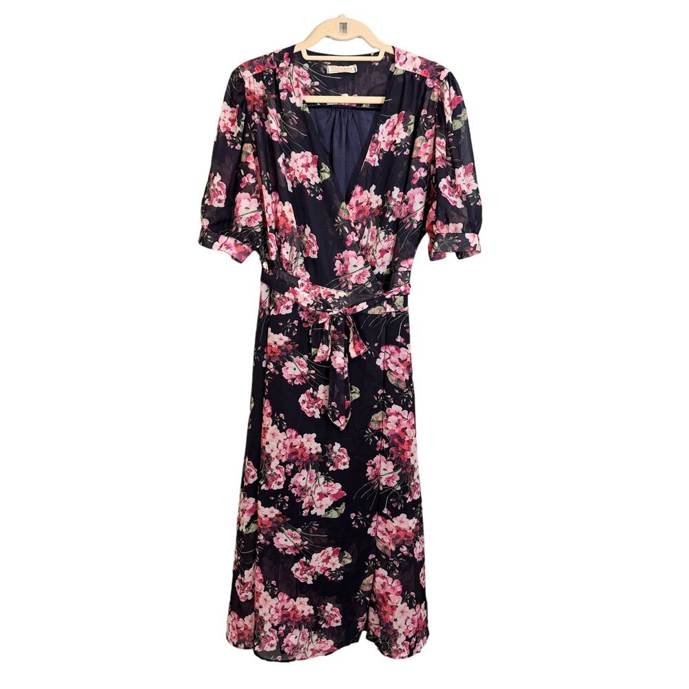 Classmate Wrap Dress Size 3XL Pink Dark Floral Peonies Romantic Feminine Boho - Picture 2 of 11